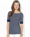 Top, Elbow-Sleeve Boat-Neck Striped