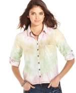 Juniors Top, Short Sleeve Tie-Dye Button-Down