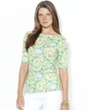Top, Elbow-Sleeve Printed Boat-Neck