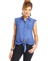 Juniors Top, Cap Sleeve Tie-Front Button-Down