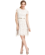 Dress, Short-Sleeve Belted Crochet-Lace