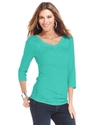Petite Top, Three-Quarter-Sleeve Heathered V-Neck