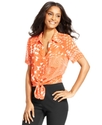 Top, Short-Sleeve Printed Tie-Front Blouse
