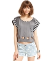 Juniors Top, Short Sleeve Striped Heart-Cutout