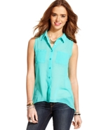 Juniors Top, Sleeveless Button-Down High-Low