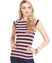 Top, Short-Sleeve High-Neck Striped