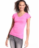 Juniors Top, Cap Sleeve Striped Burnout Tee