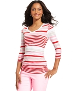 Petite Top, Three-Quarter-Sleeve Striped Ruched