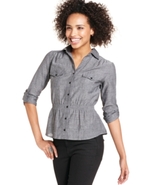 Juniors Top, Short Sleeve Roll-Tab Chambray