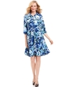Dress, Three-Quarter-Sleeve Belted Floral-Print Sh
