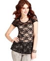Juniors Top, Cap Sleeve Lace Peplum