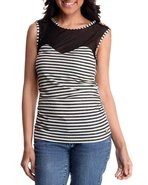 Women Jeweled Shoulder Illusion Striped Top Cream 