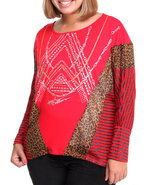 Women Mixed Fabric Printed Stripe Dolman Top (Plus