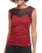 Women Jeweled Shoulder Illusion Striped Top Red La