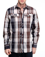 Men L/S Denim Company Plaid Woven Large