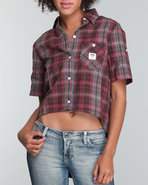 Women Woven Short Sleeve Plaid Tuxedo Shirt Maroon