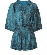 Teal Smocked Top with Feather Print