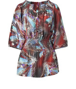 Rust Smocked Silk Top with Feather Print