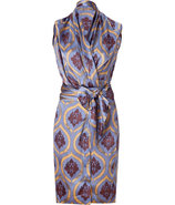 Silver Blue Baroque Print Silk Wrap Dress