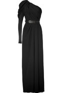 Black One-Sleeve Belted Silk Georgette Gown
