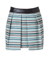 Teal/Black/White Zigzag Pleated Skirt with Leather