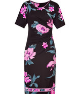Black/Orchid Printed Draped Silk Dress